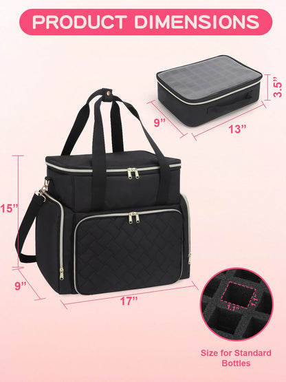 DD DEVILLI Nail Polish Organizer Case - Holds 96 Bottles & Nail Dryer | 2 Removable Pouches | Black