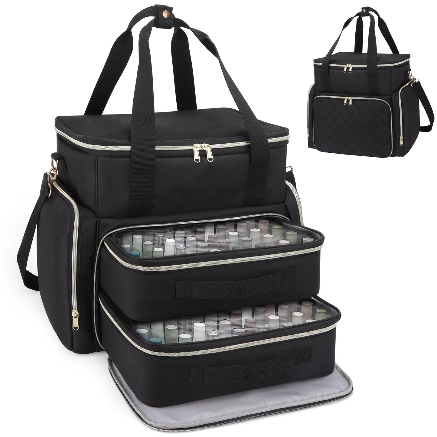 DD DEVILLI Nail Polish Organizer Case - Holds 96 Bottles & Nail Dryer | 2 Removable Pouches | Black